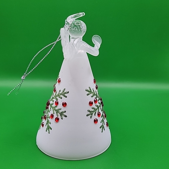 Glass Snowflake Angel Ornament Accented Frosted Glass Green Glitter Red Gems - Picture 4 of 7